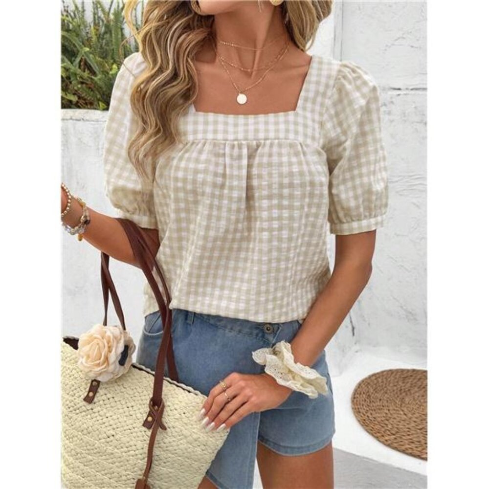 Gingham Plaid Boho Cottagecore Neutral Summer Top
